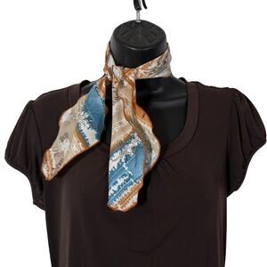 Vintage Scarf, Tan Blue Orange Abstract Floral, Long Rectangle 30" Retro